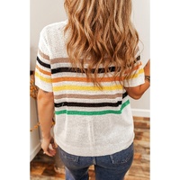 White Striped Pocketed Loose Fit Crewneck Knitted T Shirt - M thumbnail