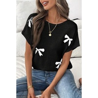 Black Bow Pattern Knit Short Sleeve Sweater - L thumbnail