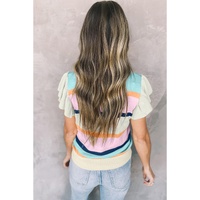Multicolour Striped Color Block Flutter Sleeve Patchwork Sweater Top - L thumbnail