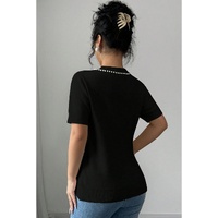 Black Pearl Bow Necklace Embellished Short Sleeve Knitted T Shirt - L thumbnail