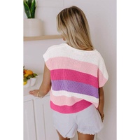 Pink Color Block Notch V Neck Sweater T Shirt - M thumbnail
