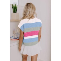 Light Blue Color Block Notch V Neck Sweater T Shirt - S thumbnail