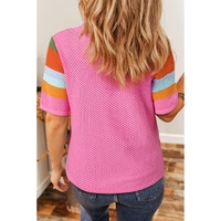 Orange Color Block Eyelet Casual Sweater T Shirt - L thumbnail