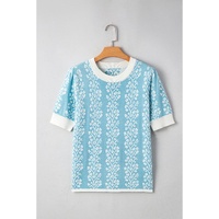 Sky Blue Contrast Floral Crewneck Short Sleeve Sweater - S thumbnail