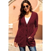 Burgundy Front Pocket and Buttons Closure Cardigan - 2XL thumbnail