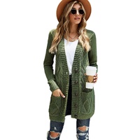 Green Front Pocket and Buttons Closure Cardigan - L thumbnail