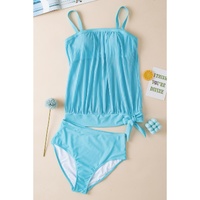 Turquoise Striped Mesh Knotted Hem Tankini Swimsuit - M thumbnail