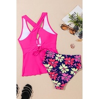 Rose V Neck Ruffled Hem Floral Bottom Tankini Set - M thumbnail