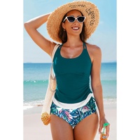 Sea Green Drawstring Tummy Control Mix-and-match 2pcs Tankini Swimsuit - S thumbnail