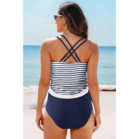 Blue Stripe Drawstring Tummy Control Mix-and-match 2pcs Tankini Swimsuit - L thumbnail