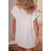 White Colorful Fringed Detail Tassel Tie Neck Short Sleeve Blouse - XL thumbnail