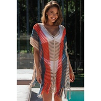 Multicolor Striped Tassel Crochet V Neck Beach Cover Up - L thumbnail