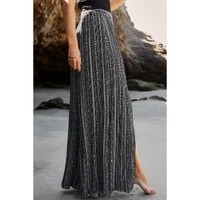 Black Printed Striped Printed Slit Wide Leg High Waist Pants - L thumbnail