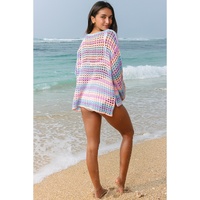 Purple Multi Stripe Open Knit Sweater Beach Cover Up - L thumbnail