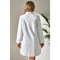 White Stripe Collared V Neck Chest Pocket Long Sleeve Beach Cover up - M thumbnail