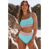 Sky Blue Striped Patchwork Spaghetti Strap High Waist Bikini Swimsuit - XL thumbnail