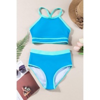 Blue Contrast Trim Crisscross Back High Waisted Bikini - M thumbnail