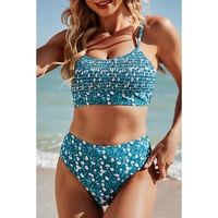 Blue Floral Print Smocked Cute Bikini Set - XL thumbnail