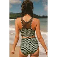 Green Dotted Mesh Plaid Patchwork High Waisted Bikini - L thumbnail