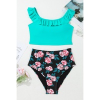 Sea Green Solid Ruffled Square Neck Swim Top and Floral Shorts Bikini Set - M thumbnail