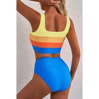 Blue Colorblock Square Neck Top Pleated High Waisted Bikini - L thumbnail