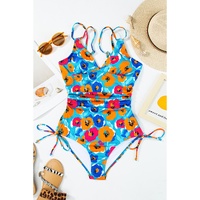 Sky Blue Orange Adjustable Straps Ribbed Knit One Piece Swimsuit - M thumbnail