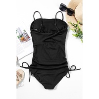 Black Ribbed Drawstring Sides Cutout One Piece Swimsuit - S thumbnail