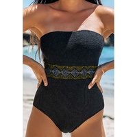 Black Geometric Trim High Waist Strapless One Piece Swimsuit - S thumbnail