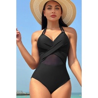 Black Halter Mesh Insert Cross Front One-Piece Swimsuit - S thumbnail