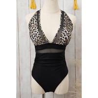 Brown Leopard Mesh Insert V Neck High Waist Monokini - S thumbnail