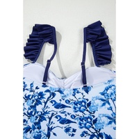 Blue Cutout Ruffled Spaghetti Strap One-Piece Swimwear - L thumbnail