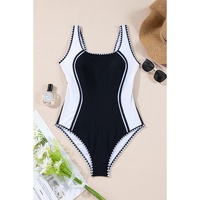 Black Color Block Ric Rac Trim U Neck One Piece Swimsuit - M thumbnail