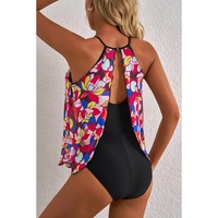 Purple Floral Print O Neck Open Back One Piece Swimsuit - S thumbnail