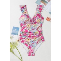 Pink Floral Ruffle Trim V Neck Lace-up Back Tummy Control One Piece Swimsuit - L thumbnail