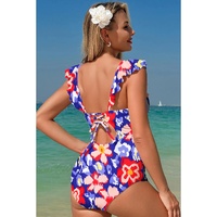 Blue Floral Ruffle Trim V Neck Lace-up Back Tummy Control One Piece Swimsuit - 2XL thumbnail