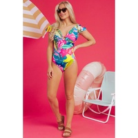 Green Tropical Print V Neck Tied Backless One Piece Swimsuit - S thumbnail