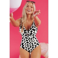 Black Stripe Bowknot Ricrac Print V Neck Low Back Cut One Piece Swimsuit - S thumbnail