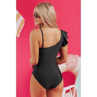 Black Asymmetric Ruffle Shoulder Pleated One Piece Swimsuit - XL thumbnail