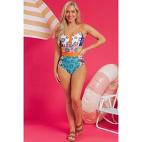 Orange Floral Colorblock Buttoned Decor Front Spaghetti Straps Teddy Swimsuit - M thumbnail