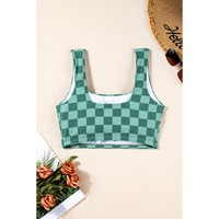 Green Checkered Print Square Neck Cropped Swim Top - 2XL thumbnail