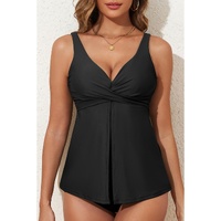 Black Crossed V Neck Adjustable Strap Babydoll Tankini Top - M thumbnail