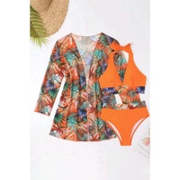Carrot 3pcs Tropical Contrast Trim Halter Bikini Set with Cover up - S thumbnail