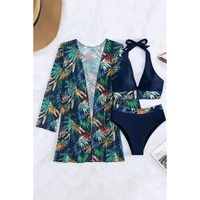 Black 3pcs Tropical Contrast Trim Halter Bikini Set with Cover up - S thumbnail