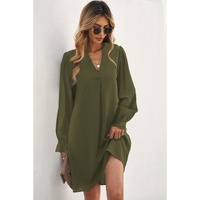 Azura Exchange Green Split V Neck Ruffled Sleeves Shirt Dress - S thumbnail