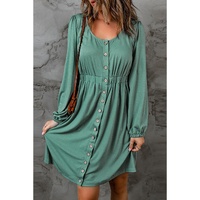 Green Button Up High Waist Long Sleeve Dress - S thumbnail