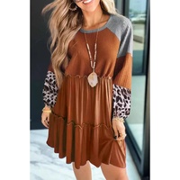Brown Waffle Knit Leopard Patchwork Long Sleeve Dress - S thumbnail