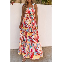 Multicolor Abstract Print Striped Trim Maxi Sundress - S thumbnail