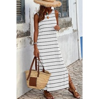 White Stripe Print Open Back Sleeveless Maxi Dress with Slits - XL thumbnail