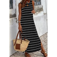 Black Stripe Print Open Back Sleeveless Maxi Dress with Slits - M thumbnail
