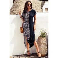 Black Contrast Solid Leopard Short Sleeve T-shirt Dress with Slits - S thumbnail